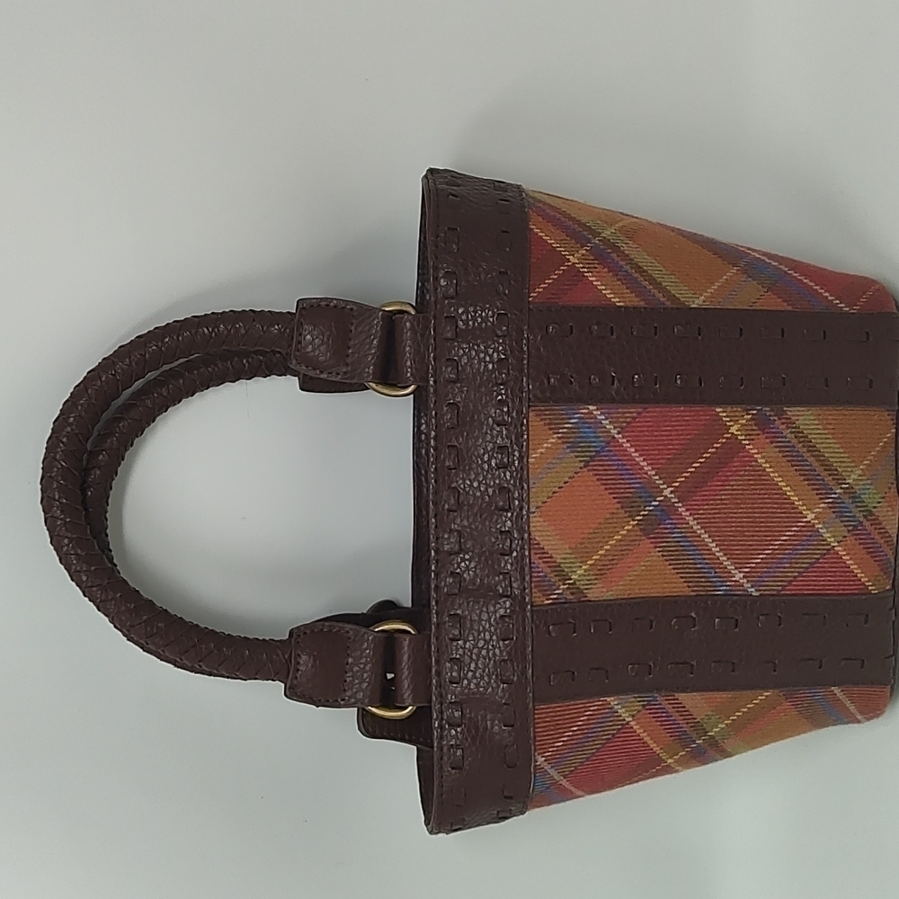 Leather and Fabric Plaid Bucket Bag - Picture 2 of 8